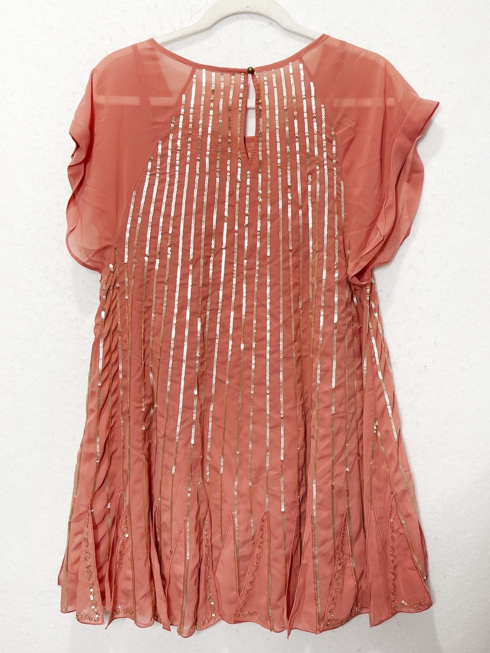 Free People Mint Julep Sequin Coral Flowy Mini Dress Large Chiffon Flapper Boho - Picture 5 of 14